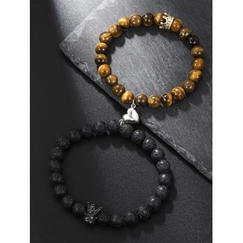 Retro 2Pcs Heart and Crown Decor Tiger's Eye Natural Volcanic Stone Couples Elastic Bracelet for Women and Men