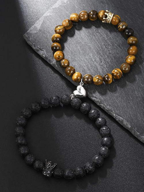 Retro 2Pcs Heart and Crown Decor Tiger's Eye Natural Volcanic Stone Couples Elastic Bracelet for Women and Men