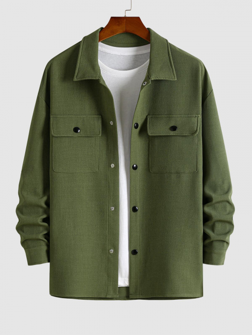 ZAFUL Men's ZAFUL Men's Plain Color Twill Textured Front Pockets Design Turn-down Collar Jacket L Deep green