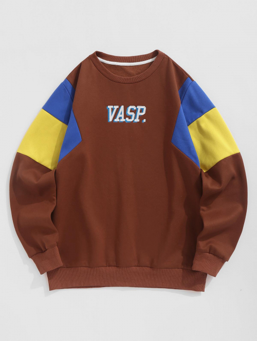 ZAFUL Men's ZAFUL Men's Casual Crew Neck VASP Letter Embroidery Colorblock Fleece Line Thermal Sweatshirt L Coffee