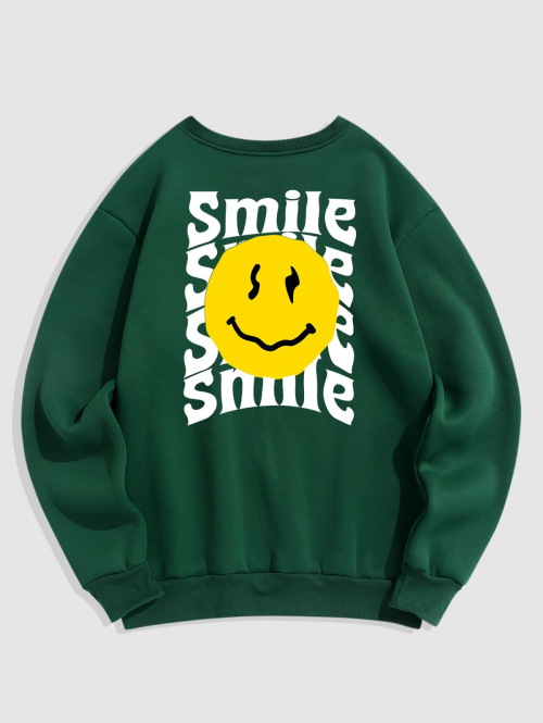 ZAFUL Men's Men's Smile Face Letter Print Crew Neck Long Sleeve Thermal Fleece Lined Pullover Sweatshirt 2xl Deep green