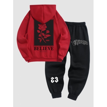 ZAFUL Men's Men's Fleece-lined Tracksuit BELIEVE Rose Pattern Kangaroo Pocket Pullover Hoodie Chicago Jogger Sweatpants Two Piece Set Red