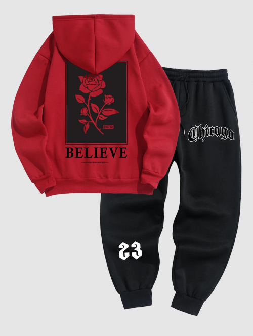 ZAFUL Men's Men's Fleece-lined Tracksuit BELIEVE Rose Pattern Kangaroo Pocket Pullover Hoodie Chicago Jogger Sweatpants Two Piece Set Red