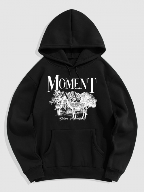 ZAFUL Men's Men's MOMENT Elk Mountain Printed Thermal Fleece-lined Kangaroo Pocket Pullover Hoodie L Black