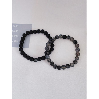 Men's 2Pcs Black Scrub and Natural Stone Retro Birthday Gift Elastic Bracelets