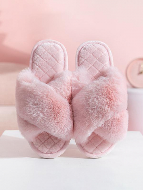 Women Women's Winter Criss-cross Fuzzy Faux Fur Home Indoor Slippers