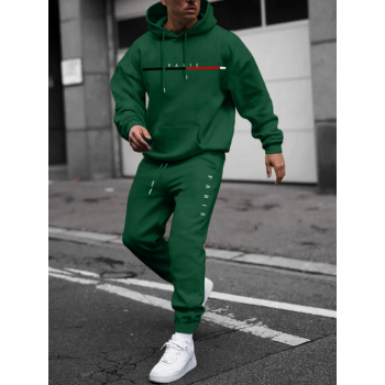 ZAFUL Men's Men's PARIS Letter Pattern Fuzzy Fleece-lined Kangaroo Pocket Design Pullover Hoodie and Drawstring Jogger Sweat Pants Set Deep green