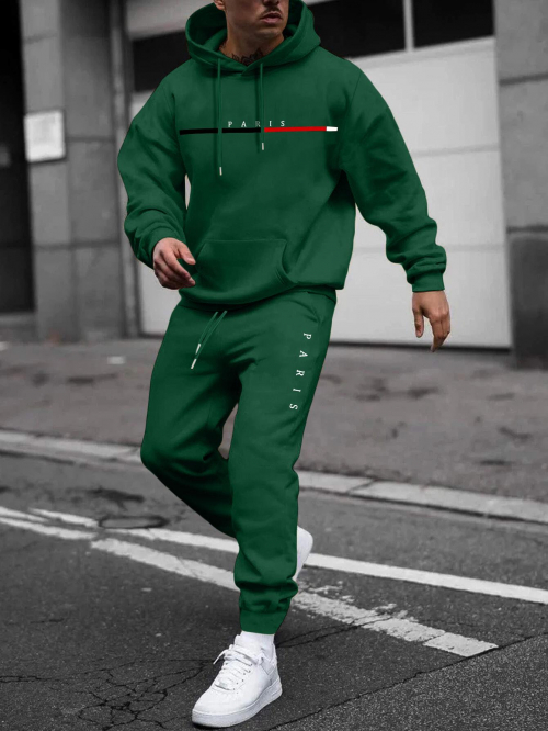 ZAFUL Men's Men's PARIS Letter Pattern Fuzzy Fleece-lined Kangaroo Pocket Design Pullover Hoodie and Drawstring Jogger Sweat Pants Set Deep green