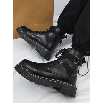 Men's Daily Streetwear Metal Ring Straps Lace Up Front Chunky Platform Motorcycle Biker Combat Boots