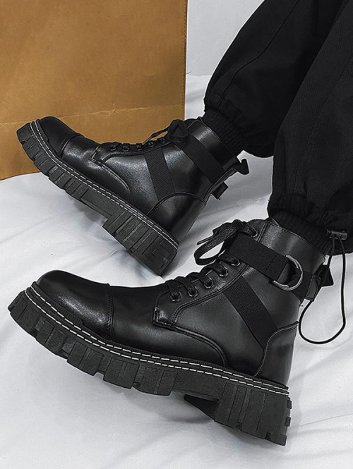 Men's Daily Streetwear Metal Ring Straps Lace Up Front Chunky Platform Motorcycle Biker Combat Boots