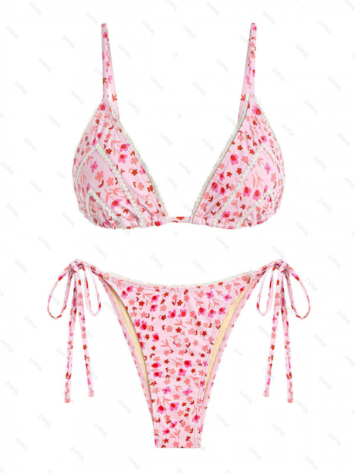 ZAFUL Women's Lace Trim Ditsy Floral Print Triangle Tie Side Adjustable Spaghetti Strap String Tanga Bikini Set Swimwear M Light pink