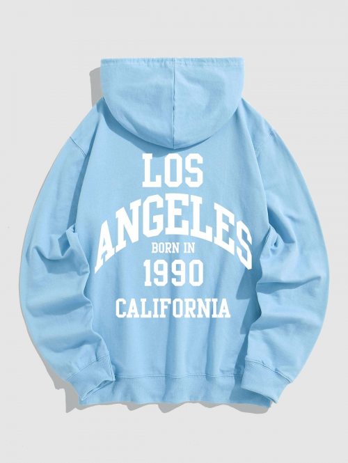 ZAFUL Men's Men's Vintage LOS ANGELES Letter 100% Cotton Kangaroo Pocket Hoodie Xl Light blue