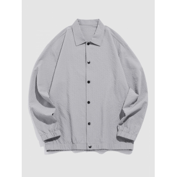 ZAFUL Men's ZAFUL Men's Daily Solid Color Seersucker Textured Long Sleeve Turn Down Collar Button Up Long Sleeve Shacket L Gray