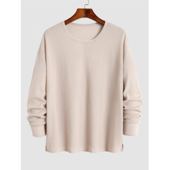 Men's Casual Daily Solid Color Semi-sheer Textured Knit Notched Collar Long Sleeves T-shirt M Light coffee