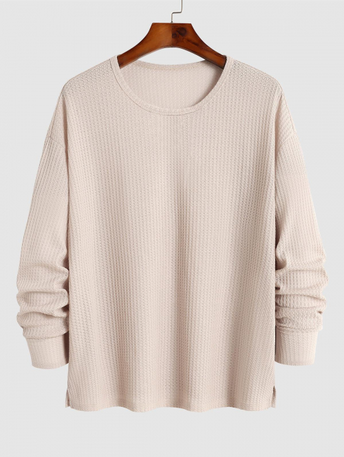 Men's Casual Daily Solid Color Semi-sheer Textured Knit Notched Collar Long Sleeves T-shirt M Light coffee