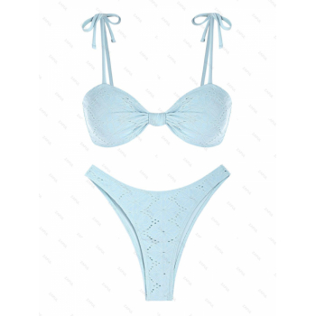 ZAFUL Women's Solid Color Eyelet Tie Spaghetti Strap Knot Cheeky Bikini Set Two Piece Swimwear S Light blue