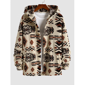 ZAFUL Men's ZAFUL Men's Ethnic Style Aztec Printed Fluffy Fleece Button Fly Hooded Coat L Light coffee