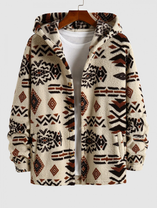 ZAFUL Men's ZAFUL Men's Ethnic Style Aztec Printed Fluffy Fleece Button Fly Hooded Coat L Light coffee