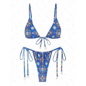 ZAFUL Women's Vintage Floral Print Shell Design Tie Front Triangle String Tanga Bikini Two Piece Set Swimwear L Blue