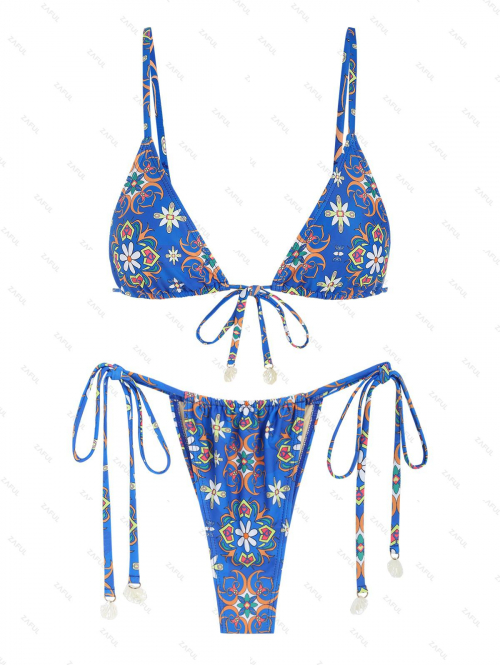 ZAFUL Women's Vintage Floral Print Shell Design Tie Front Triangle String Tanga Bikini Two Piece Set Swimwear L Blue