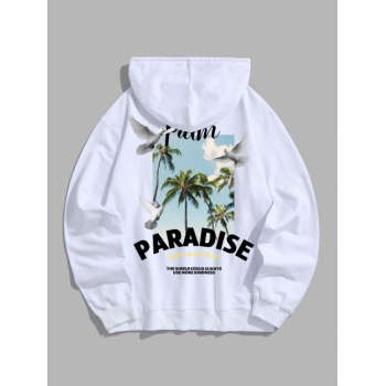 ZAFUL Men's Men's PARADISE Letter Coconut Tree Graphic Pattern Kangaroo Pocket Pullover Hoodie S White