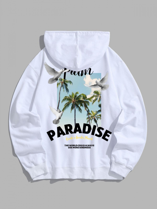 ZAFUL Men's Men's PARADISE Letter Coconut Tree Graphic Pattern Kangaroo Pocket Pullover Hoodie S White