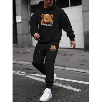 ZAFUL Men's Men's Cartoon Bear Letter Graphic Pattern Kangaroo Pocket Fleece-lined Hoodie and Beam Feet Drawstring Jogger Pants Set L Black