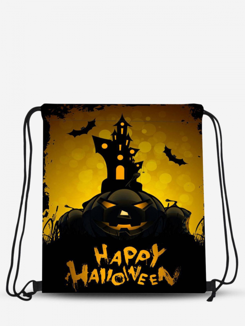 Gothic Style Drawstring Letter Pumpkin Bats Pattern Cosplay Halloween Backpack for Men and Women