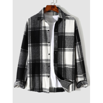 ZAFUL Men's Men's Casual Colorblock Plaid Pattern Flannel Button Front Long Sleeves Shacket L Black