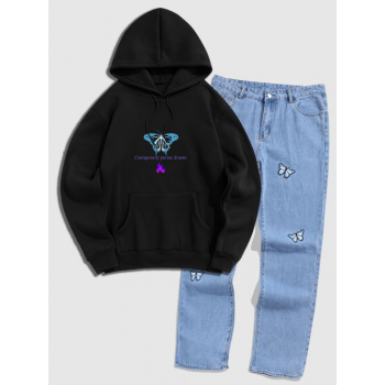 ZAFUL Men's Men's Streetwear Flame Butterfly Letter Printed Fleece-lined Hoodie with Butterfly Embroidered Design Medium Wash Loose Straight Leg Jeans