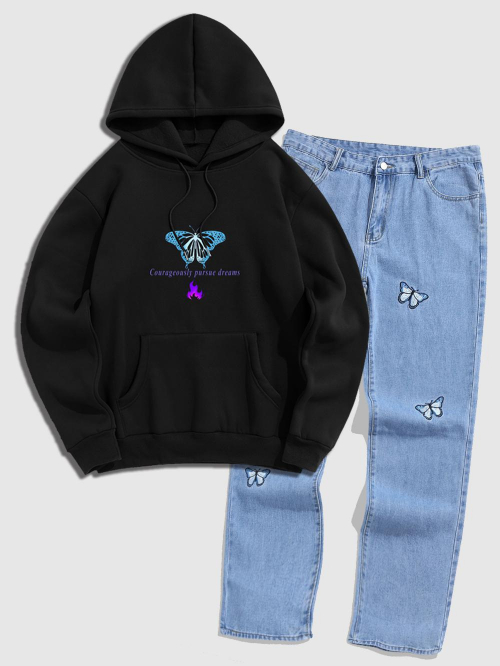 ZAFUL Men's Men's Streetwear Flame Butterfly Letter Printed Fleece-lined Hoodie with Butterfly Embroidered Design Medium Wash Loose Straight Leg Jeans