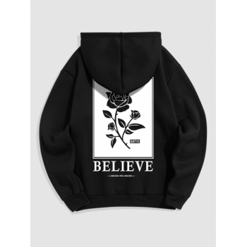 ZAFUL Men's Men's BELIEVE Rose Pattern Thermal Fleece-lined Kangaroo Pocket Pullover Hoodie L Black