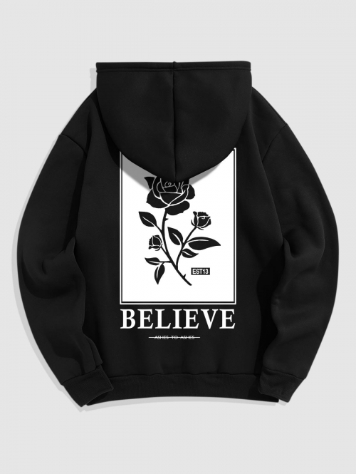 ZAFUL Men's Men's BELIEVE Rose Pattern Thermal Fleece-lined Kangaroo Pocket Pullover Hoodie L Black