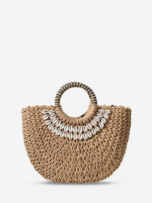 ZAFUL Retro Raffia Straw Braided Semicircle Shell Shape Beach Tote Bag