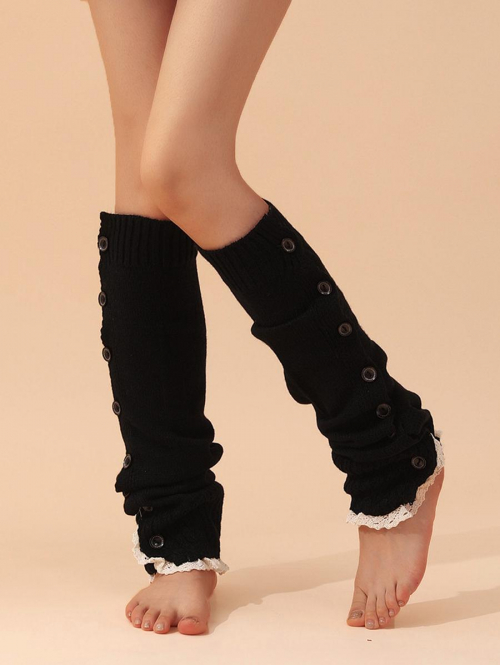 Fashion Women Women's Y2K Aesthetics Button Design Lace Trim Knitted Leg Warmer Knee Length Stockings