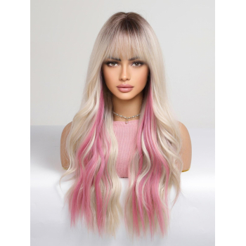 zaful Women's Blonde Highlight Pink Fluffy Long Wavy See-through Bangs Synthetic Wig