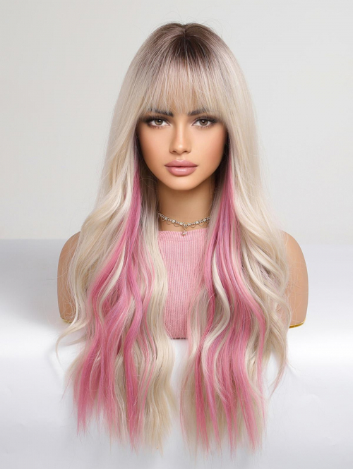 zaful Women's Blonde Highlight Pink Fluffy Long Wavy See-through Bangs Synthetic Wig