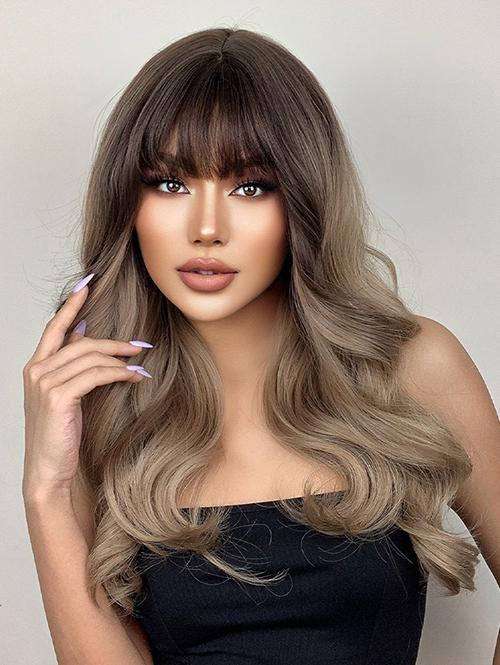 zaful See-through Bangs Fluffy Long Wavy Brown Ombre Color Synthetic Wig