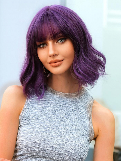 zaful Purple Shoulder Length Wavy See-through Bangs Synthetic Wig