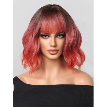 zaful Brown Ombre Red See-through Bangs Short Wavy Synthetic Wig