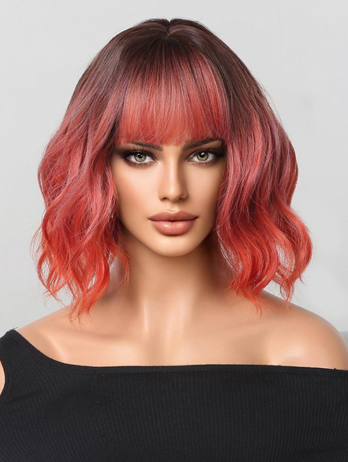 zaful Brown Ombre Red See-through Bangs Short Wavy Synthetic Wig