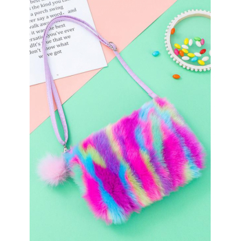 Women's Y2K Fashion Winter Colorful Rainbow Fluffy Faux Fur Pompon Pendant Design Mini Shoulder Bag