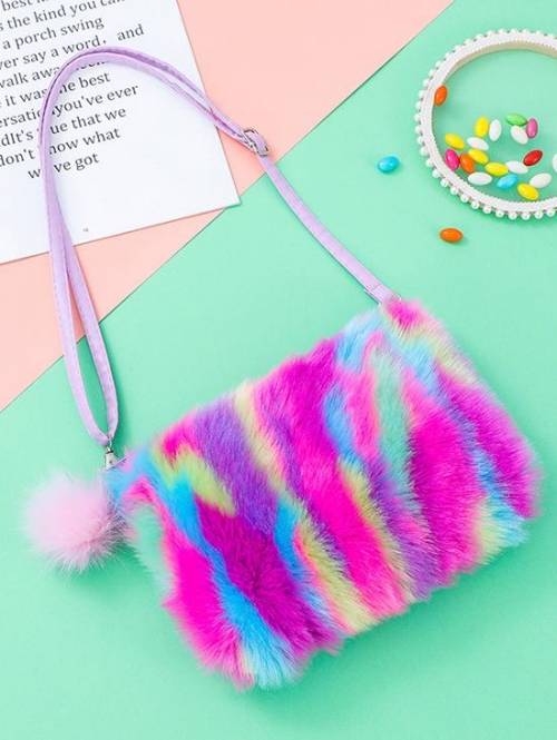 Women's Y2K Fashion Winter Colorful Rainbow Fluffy Faux Fur Pompon Pendant Design Mini Shoulder Bag