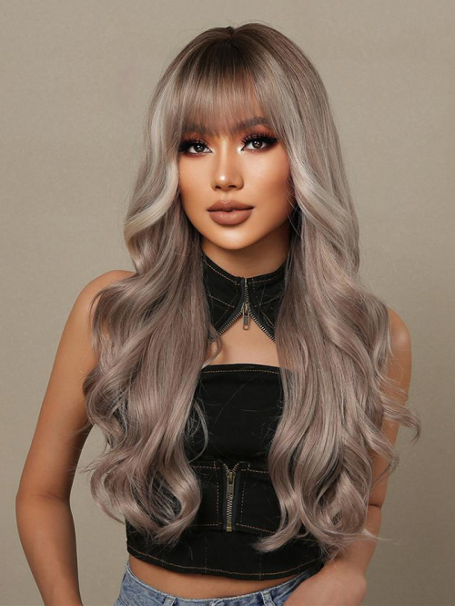 zaful Long Wavy See-through Bangs Rose Golden Mixed Brown Synthetic Wig