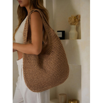 Women's Simple Style Raffia Straw Handmade Weave High Capacity Casual Beach Shoulder Bag with PU Tassel Pendant