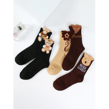 Fashion Women Women's 5Pairs Winter Cartoon Faux Fur Bear Design Crew Socks