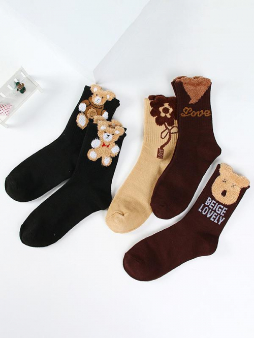 Fashion Women Women's 5Pairs Winter Cartoon Faux Fur Bear Design Crew Socks