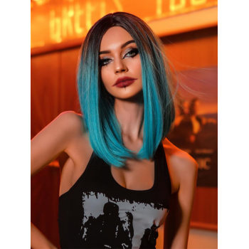 zaful Black Gradient Acid Blue Color Natural Straight Shoulder Length Synthetic Cosplay Party Wig