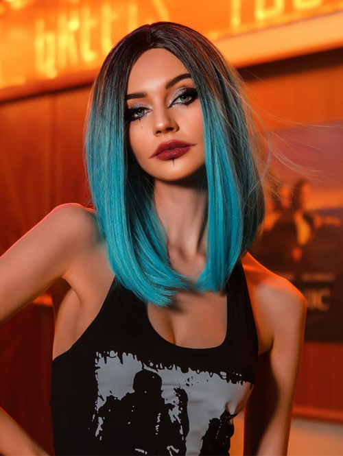 zaful Black Gradient Acid Blue Color Natural Straight Shoulder Length Synthetic Cosplay Party Wig