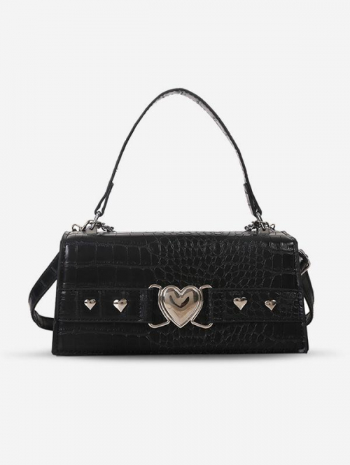 Heart Metal Detail Embossed Chain Crossbody Bag